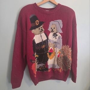 Signatures by Northern Isles Thanksgiving Pilgrim Bear Sweater Handknit sz L Vtg